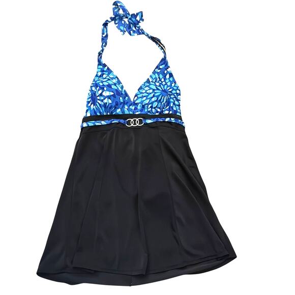 Vintage90s Jaclyn Smith Floral Swim Dress Black Blue Size 8 - Picture 1 of 3
